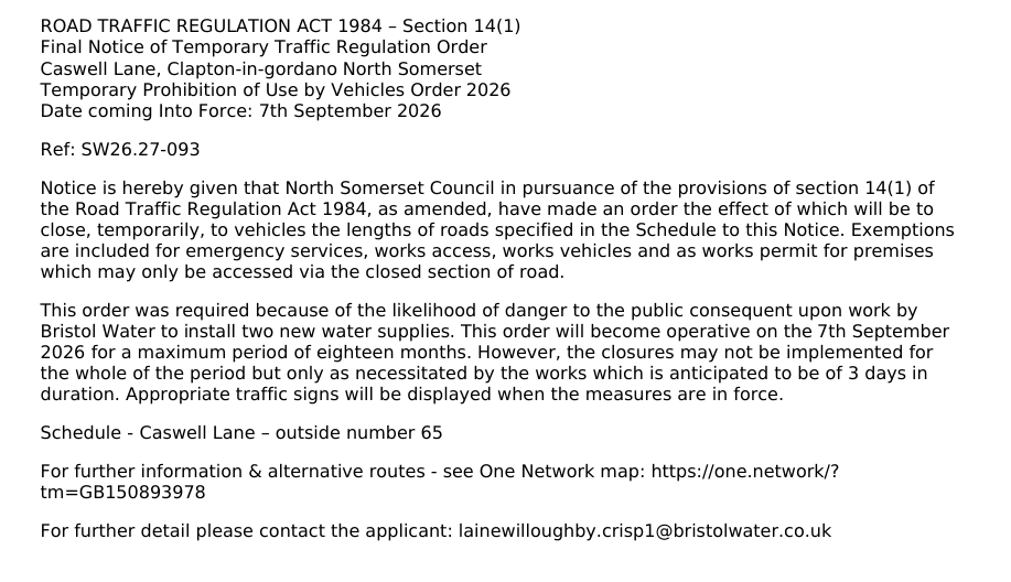 Caswell lane closure